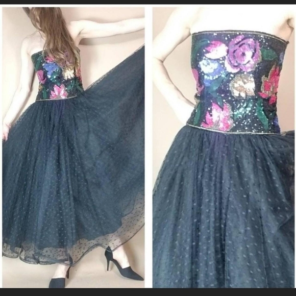 Vintage 80s Party Ball Gown Sequins Tulle - Picture 3 of 8